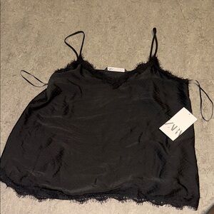 Zara Black Lace-Trim Silk-Look Cami